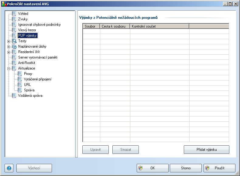 Maximální počet souborů v trezoru) 9.5. PUP výjimky AVG 9.0 File Server má schopnost analyzovat spustitelné programy, případně DLL knihovny, a určit, které z nich by mohly být nežádoucí (např.