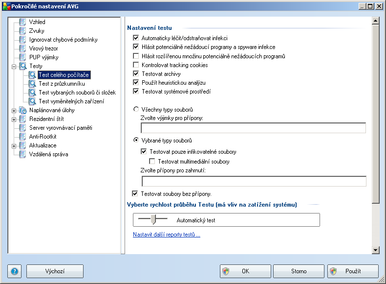 9.6. Testy Pokročilé nastavení testů je rozděleno do čtyř kategorií, které odpovídají jednotlivým typům výrobcem definovaných testů: Test celého počítače - výrobcem nastavený standardní test Test z