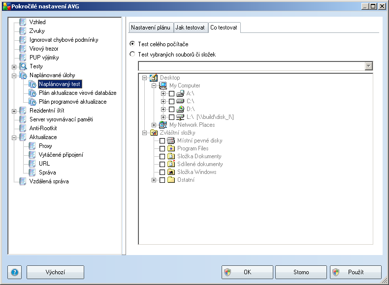 Na záložce Co testovat definujte, zda si přejete naplánovat Test celého počítače nebo Test vybraných souborů či složek.