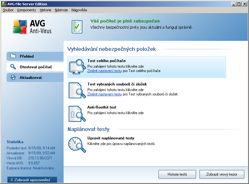 10. AVG testování Testování je elementární součástí AVG 9.0 File Server. Testy lze spouštět na vyžádání podle okamžité situace (on-demand testy) nebo nastavit jejich pravidelné spouštění podle plánu.