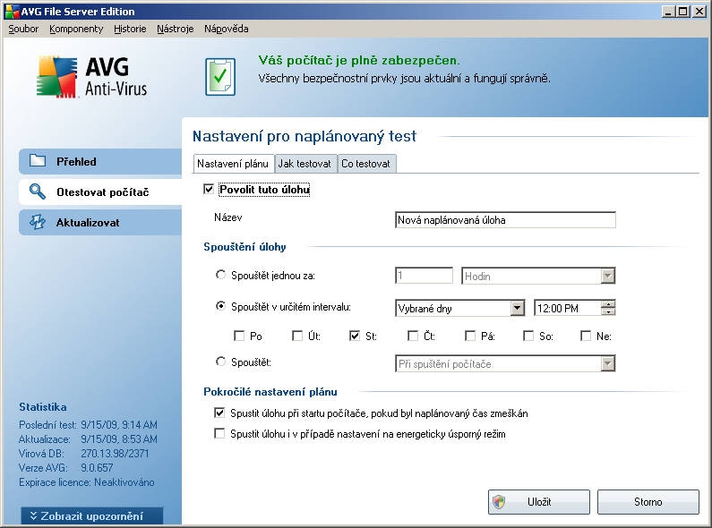 Přidat plán testu - tlačítkem otevřete dialog Nastavení pro naplánovaný test, na záložce Nastavení plánu. V tomto dialogu máte možnost specifikovat parametry nově definovaného testu.