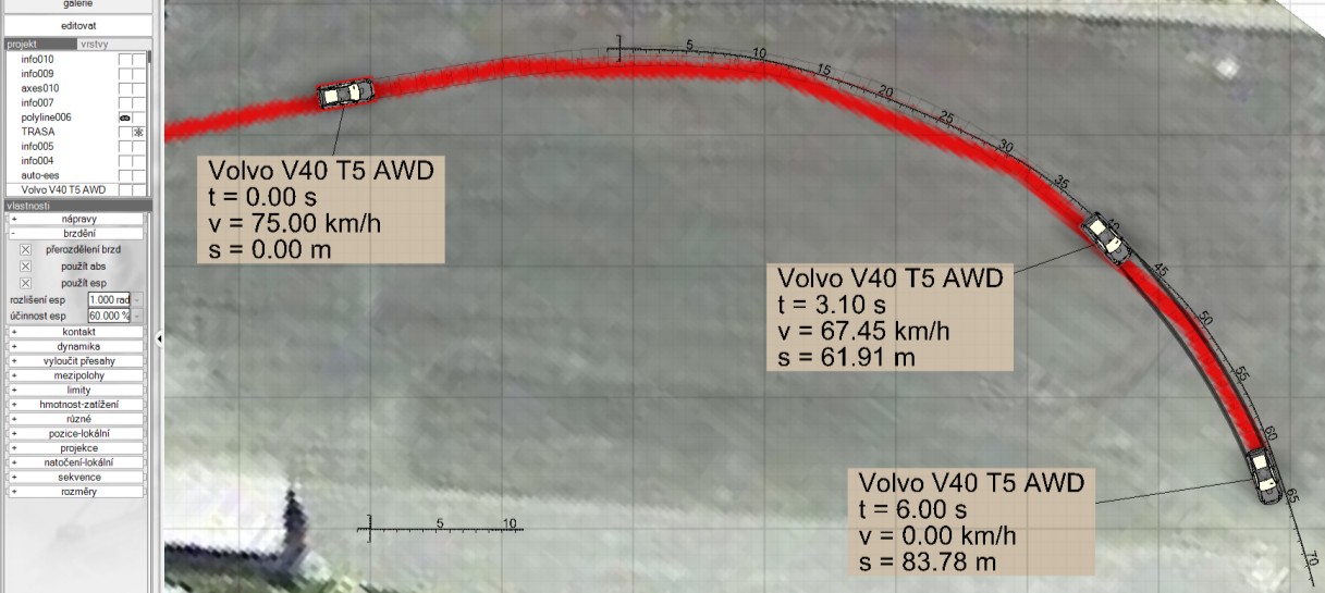 55, kdy v numerickém modelu ESP zůstaly standardně přednastavené hodnoty patrné z obrázku. V čase 0,0 s a rychlosti 75 km/h najíždí vozidlo do oblouku.