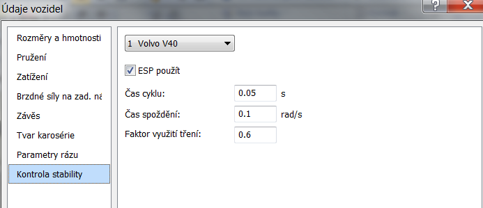 těchto standardně přednastavených hodnot nebylo možno po zadání všech reálných vstupních parametrů simulace dosáhnout experimentálně zjištěného průběhu jízdní dynamiky vozidla při jízdě a brzdění v