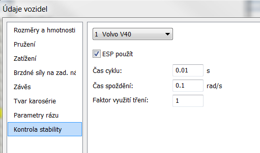 155: Nové hodnoty pro nastavení numerického modelu ESP v programu PC-Crash v. 9.1 Na následujícím Obr.