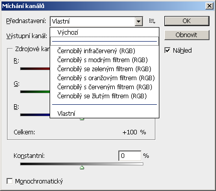 Simulace funkce barevných filtrů u Č-B snímků V nástroji Míchání