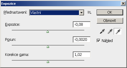 Úprava expozice OBRAZ Přizpůsobení Expozice poskytuje možnost opravy expozice fotoaparátu a celkové