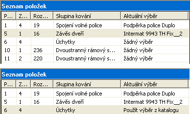 Krok 3, Seznam položek Postup výběru Seznam položek ukazuje v horní části kování, která se mohou vybrat. Pokud se kování nevybere (žádný výběr) pak se kování nevloží do konstrukce.