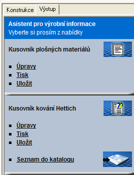 Krok 5, kusovník kování Hettich Kusovník potřebného kování se dá vygenerovat kliknutím na příkaz Úpravy