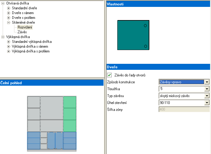 V dolní prostřední zóně mají být posuvné dveře. V menu Asistent se klikne příkaz Vložit posuvné/skládané dveře. Ve stromové struktuře nabídek se pak vybere volba Slide Line 55/56.