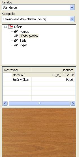 Po výběru kategorie se určí nábytek nebo dílce, pro které má platit tento výběr materiálu. Je třeba kliknout na tlačítko pro výběr mají být z vybraného materiálu.