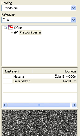 Pro korpus se stejným postupem vybere kategorie Laminovaná dřevotříska (barvy) a hodnota KF_C_028. Výběr se ukončí kliknutím na zelený háček. Následně se má vybrat žulová pracovní deska.