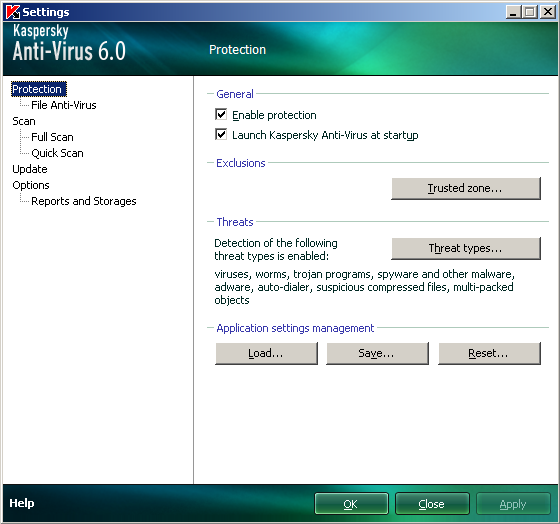 KONFIGURACE NASTAVENÍ APLIKACE Okno pro nastavování aplikace Kaspersky Anti-Virus se pouţívá pro rychlý přístup k hlavním nastavením aplikace.6.0 Obrázek 9.