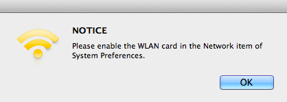 Pokud uvidíte hlášku, jako je ta níže, je zapotřebí aktivovat adaptér v System Preferences Network jak bylo zmíněno dříve v IV-1. Instalace ovladače krok 3.