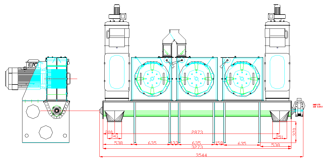 EUM-35 UNIT TRIPLE (ZTROJENÁ JEDNOTKA) TECHNICKÝ NÁKRES Kladívkový šrotovník x3 motor kw 45,00 plocha síta m² 0,38 kladívka počet 62 konkávní lamely počet 8 kapacita * Kg / h 4000-6000 vzdálenost