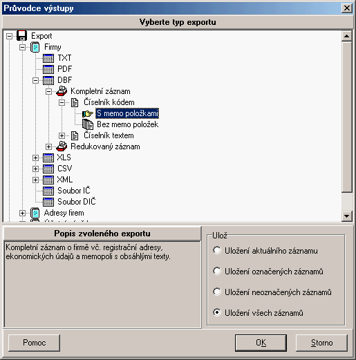 Obslužný program 50 Průvodce je k dispozici v databázích, které podporují velké množství variant exportů (Creditinfo Firemní Monitor a Albertina Firemní Monitor). 1.7.