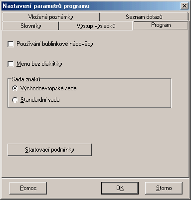 Obslužný program 8 Výstup výsledků Vložené poznámky Seznam dotazů 1.2.3.1 Program V záložce Program menu nastavení nastavíte (potlačíte) používání bublinkové nápovědy a menu bez diakritiky.