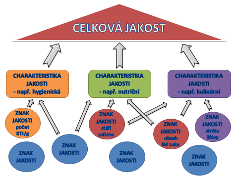 Například u masa lze shrnout jednotlivé znaky do charakteristik jakosti: chemické složení (znakem jsou např.