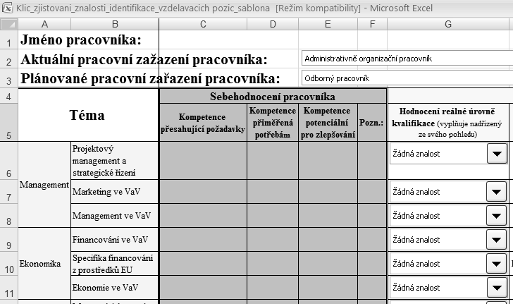 5. Postup vyplnění klíče Klíč je svým uţivatelům dostupný v elektronické podobě, vyuţito bylo nástroje MS Excel.