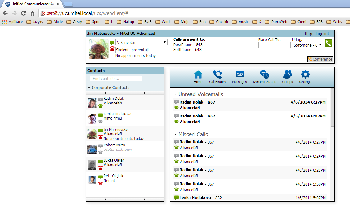 UCA web klient Podobné desktop UCA klientu, ale s omezením Firemní kontakty s prezencí (real-time) Instant Messaging (UCA PC, mobile, web) Volání: stolního IP telefonu extení SIP