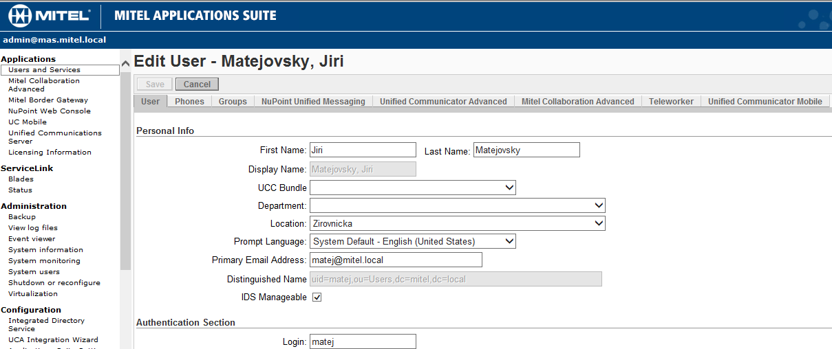 MITEL Application Suite (MAS) Jednotná správa PBX Voicemail, FAX