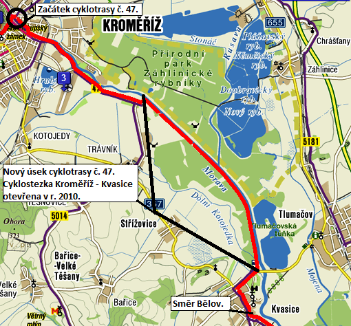 Popis jednotlivých úseků cyklotrasy č. 47 v úseku Kroměříž Uherské Hradiště Délka cyklotrasy z Kroměříže do Uherského Hradiště je 35 km. a) Kroměříž - Kvasice Celková délka úseku je 9,8 km (obr. 14).