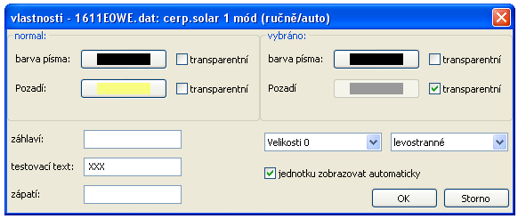 Vlastnosti Stanovení barvy písma, podkladu, pozice a vložení záhlaví a zápatí a testovacího textu ke kontrole.