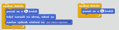 Žáci v této úloze naprogramují každé postavě nekonečný pohyb pomocí příkazu opakuj dokola, který bude spuštěn kliknutím na zelenou vlajku.