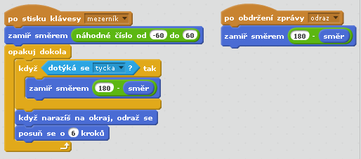 Žáci by v této úloze měli přidat dvě postavy kuličku a tyčku. Pro tyčku budou muset naprogramovat pohyb doleva a doprava.