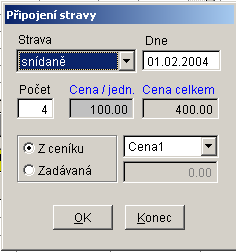 Stanovení ceny ubytování a služeb při rezervaci Na rezervační obrazovce jsme aktivovali tlačítko Finance, strava, poplatky a služby Obrazovka Finance, strava, poplatky a služby Cena za stravu pro