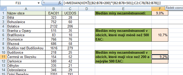 Příklad: 2.3 V analyzovaném souboru Sablona_GIS0_0610_OP.xlsx určete průměrnou míru nezaměstnanosti v obcích, které mají více neţ 200 a nejvýše 500 ekonomicky aktivních obyvatel.