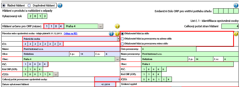 Formulář hlášení o produkci a nakládání s odpady - List č. 1 V. Doplněné hlášení (pokračování) - nutné neměnit tzv.