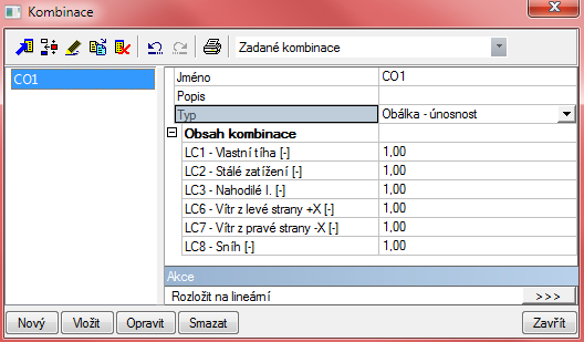 Příklad uživatelsky zadané lineární kombinace: CO1 = LC1*1,3+ LC2*1,5+ LC3*1,2+LC6*1,0 Tato kombinace již nelze rozložit na žádné jiné kombinace. 7.