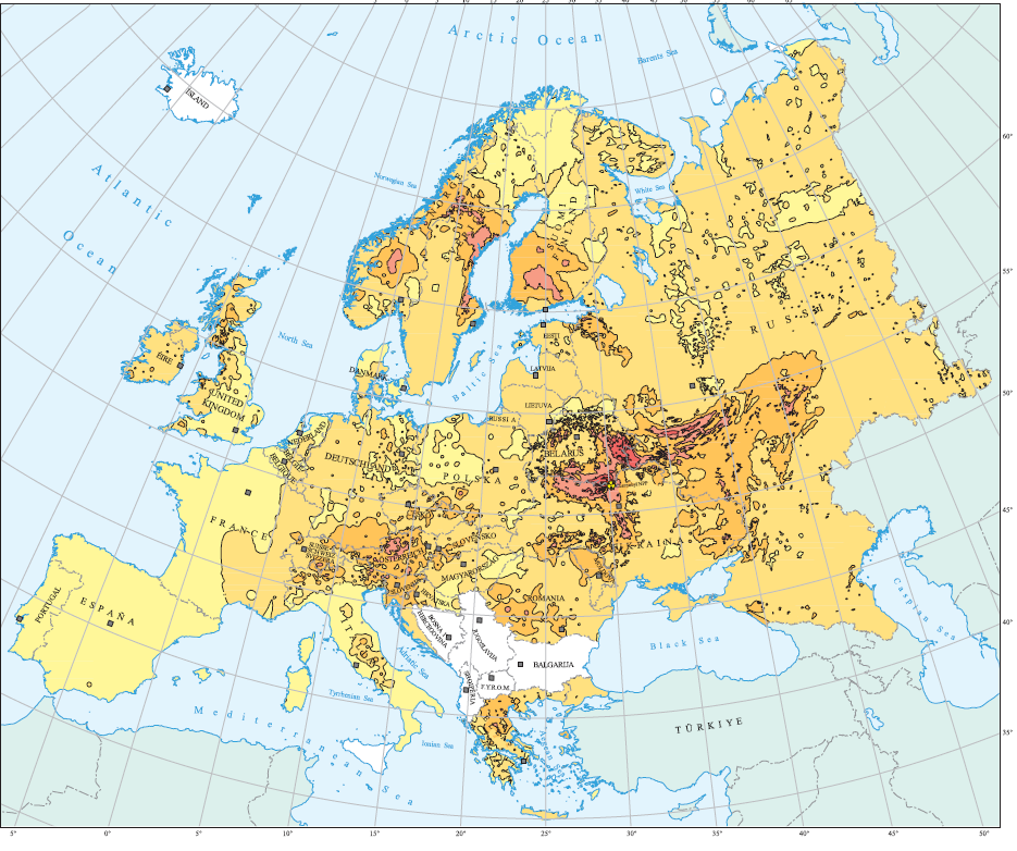 Obr. 2 - Mapa znázorňující kontaminaci půd v Evropě 137 Cs bezprostředně po havárii jaderné elektrárny v Černobylu. Zdroj: ANNEX, J. Exposures and effects of the Chernobyl accident.