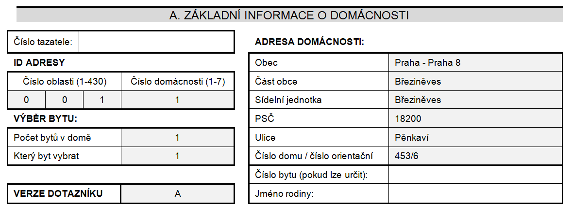 Doplnění základních informací Vyplnit číslo tazatele (vaše číslo) Najít adresu uvedenou v kontaktním