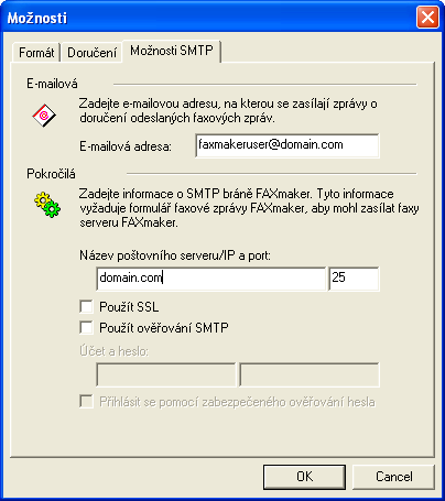 Snímek obrazovky 7 možnosti SMTP Karta Možnosti SMTP E-mailová adresa: Zadejte e-mailovou adresu, na kterou se budou zasílat zprávy o doručení faxů.
