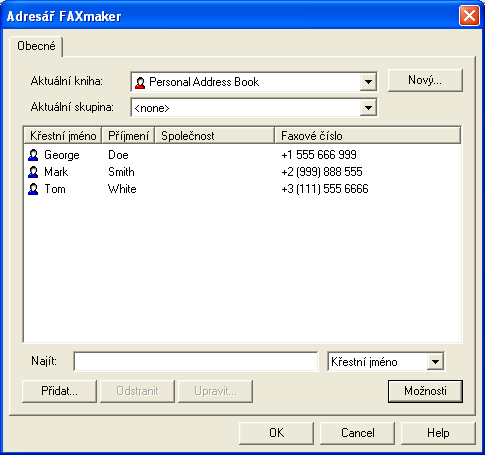 Nemáte-li Outlook nebo dáváte-li přednost používání adresáře aplikace FaxMaker, umožní vám tento adresář ukládání a správu seznamů příjemců a jejich údajů.