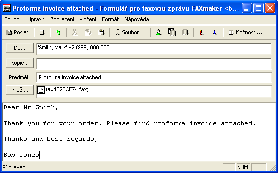 Snímek obrazovky 2 - výběr ovladače tiskárny FaxMaker 2. Pošlete dokument na tiskárnu FaxMaker. Klikněte na příkaz Tisk z menu Soubor. V okně Tisk klikněte na Název FaxMaker. Stiskněte OK.