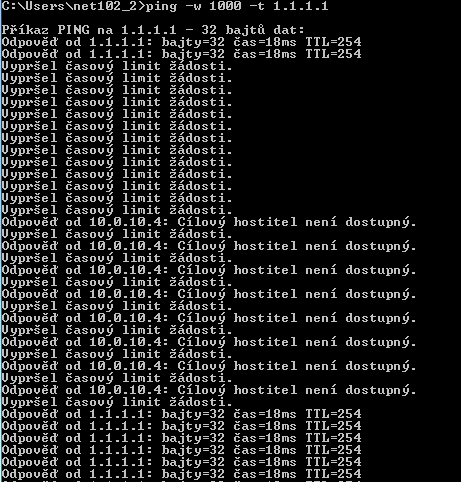 6.5 Výpadek kabelu zobrazení na STP a RSTP 6.5.1 Výpadek kabelu S1-S10_host STP s výchozím nastavením časovačů Obrázek 23 - Výpadek kabelu z R1-S1 model Packet Tracer Takto vypadal výpadek testováním ping na 1.