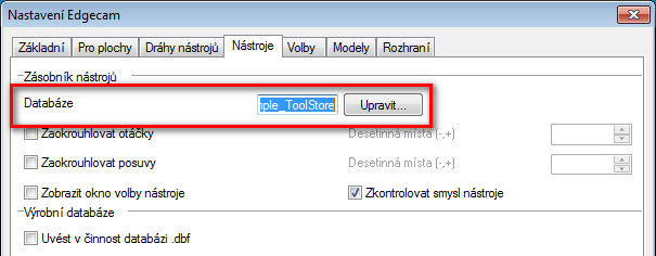 Výběr nástrojové databáze V Edgecam lze volit přednastavené nástroje z Databáze zásobníku nástrojů.