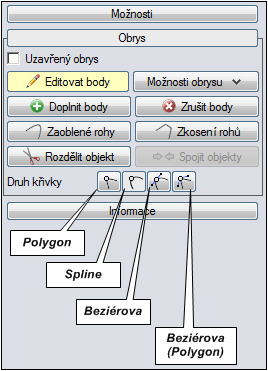 Ukončení editace bodů: 1. Klepněte na tlačítko Editovat body. Barva tlačítka se změní na modrou a zobrazené definiční body obrysu zmizí. 2. YNyní můžete vybírat a editovat objekty běžným zpsobem.