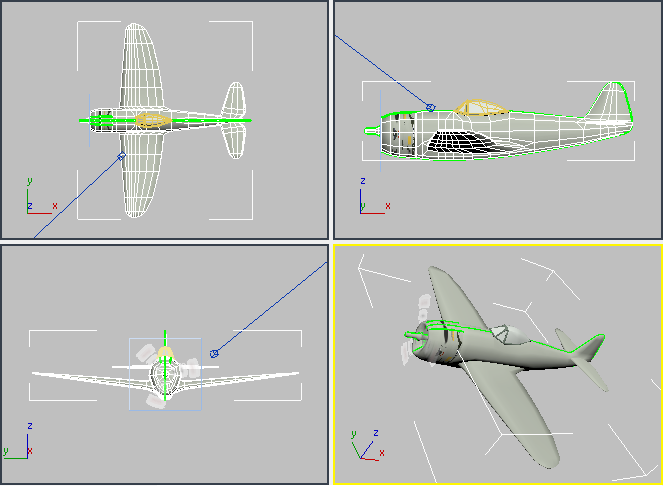 Nastavte horní část levého křídla pro mapování: 1. Klikněte na (Maximize Viewport Toggle) pro zviditelnění všech čtyř výřezů. 2.