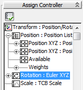 12. V dialogovém okně Assign Rotation Controller dvojklikněte na Rotation List. 13. Na záložce Assign Controller v seznamu stop rozbalte stopu Rotation : List kliknutím na ikonu +. 14.