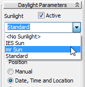 hodinu ráno Objekty jsou nyní dobře osvětlené a vrhají stíny, zato obloha je stále prázdná. 8. S vybraným objektem Daylight přejděte na panel Modify. 9.