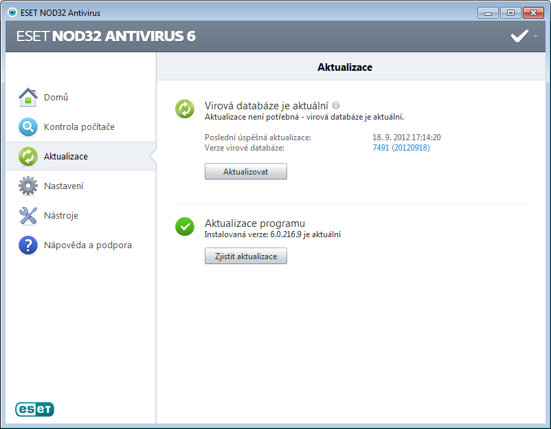 Aktualizace ESET NOD32 Antivirus po instalaci automaticky zajišťuje stažení poslední virové databáze a programových komponent (všechny úlohy naleznete v sekci Plánovač v hlavním okně programu).