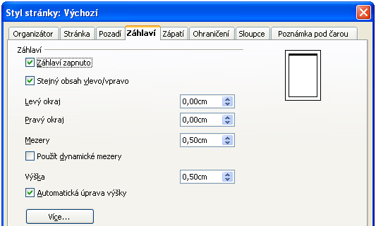 14. záhlaví a zápatí Vložené pole, zde aktuální čas vložit záhlaví/zápatí podrobnější nastavení: Formát Stránka - karta záhlaví/zápatí nebo PTM na stránku - Stránka nebo F11 Je možné nastavit