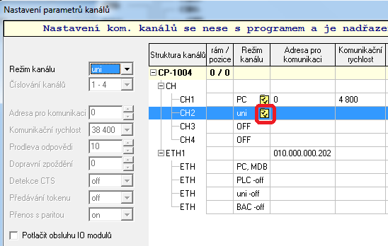 Poté je třeba zvolit režim kanálu UNI, což se provede pomocí rozbalovacího menu jak ukazuje následující obrázek. CH2.