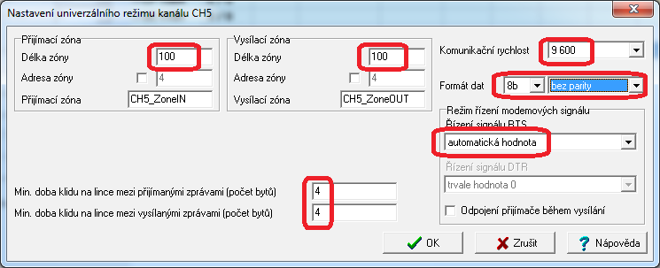 Kliknutím na červeně označenou ikonu se vyvolá dialog s nastavením parametrů komunikace.