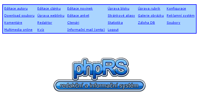 Obr. č. 2 - úvodní stránka po úspěšném přihlášení RS je složen z tzv. Modulů, částí, které se mohou a nemusí používat. Některé jsou součástí RS, některé se mohou doinstalovat dodatečně.