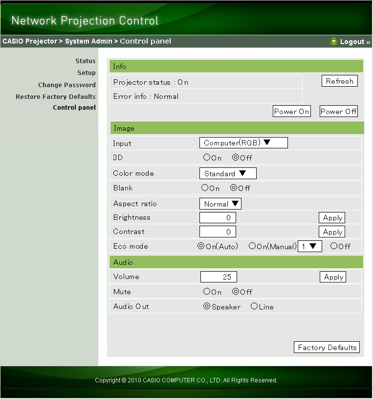 Ovládání projektoru pomocí síťových funkcí Network Projection Control 1. S ohledem na typ sítě LAN, který používáte, vyvolejte podle následujících pokynů hlavní stránku projektoru Správa systému.