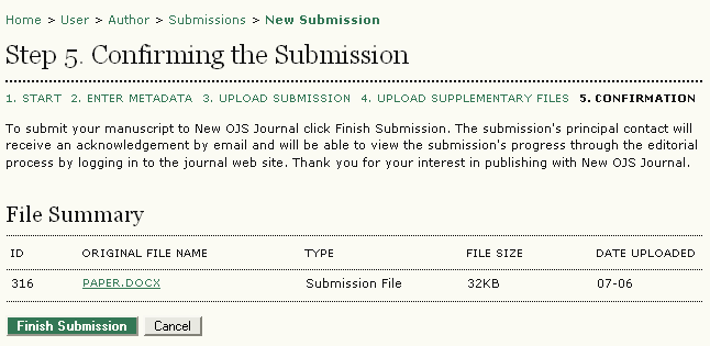 Krok 5: Potvrzení článku V pátém a posledním kroku vkládání článku zkontrolujte, zda jste nahráli vše potřebné a správně. Kliknutím na Finish Submission odešlete rukopis do databáze.